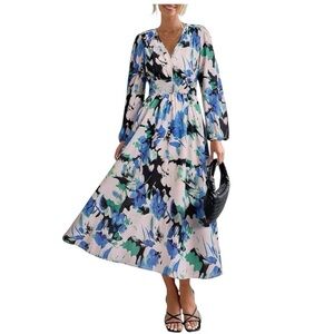 Pretty Garden Blue Floral Midi Dress V-neck Long sleeves smocked waist XL